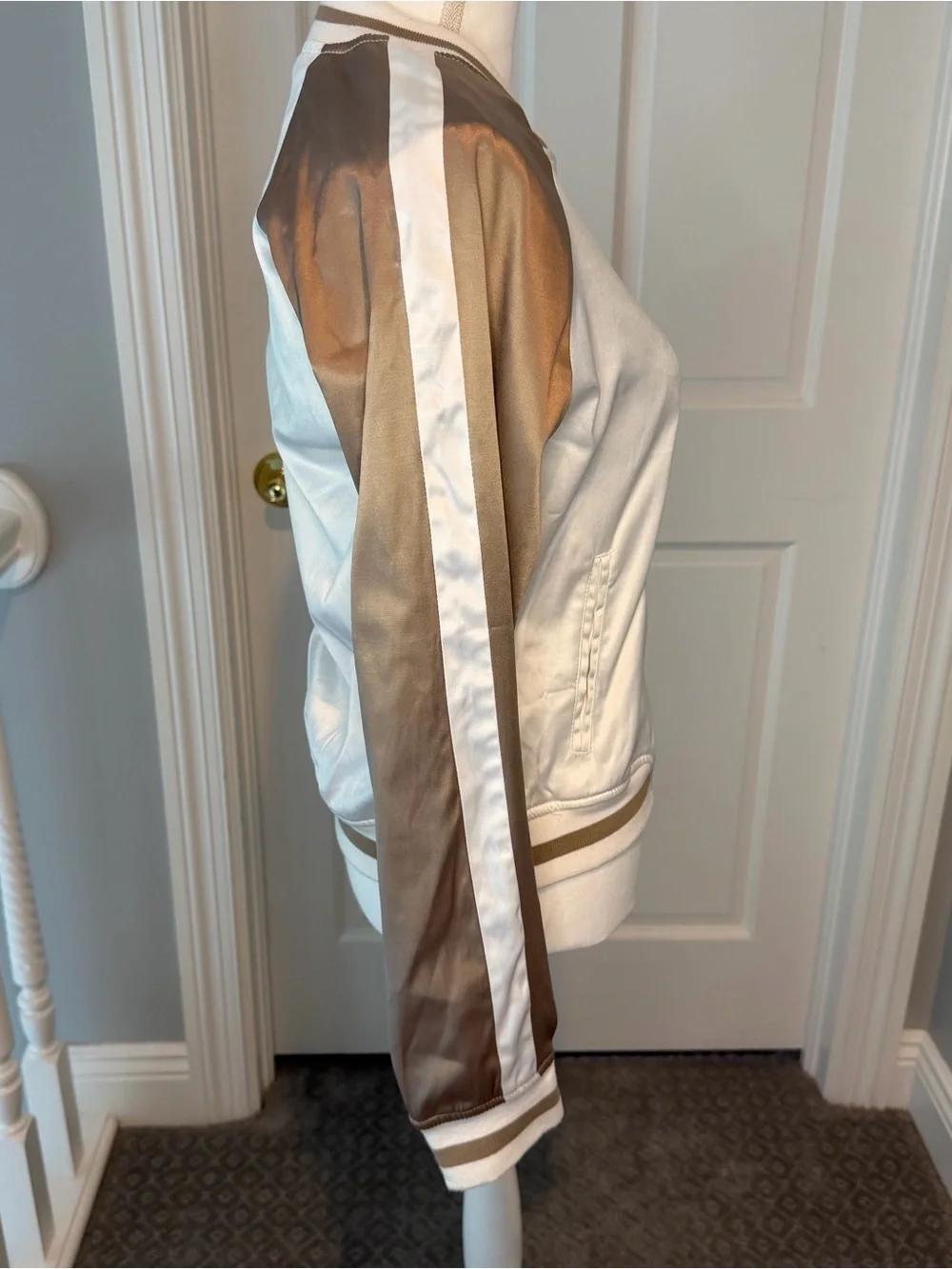 Classic Satin Bomber Jacket Beige Ivory Sz M Y2K Streetwear Festival Minimalist